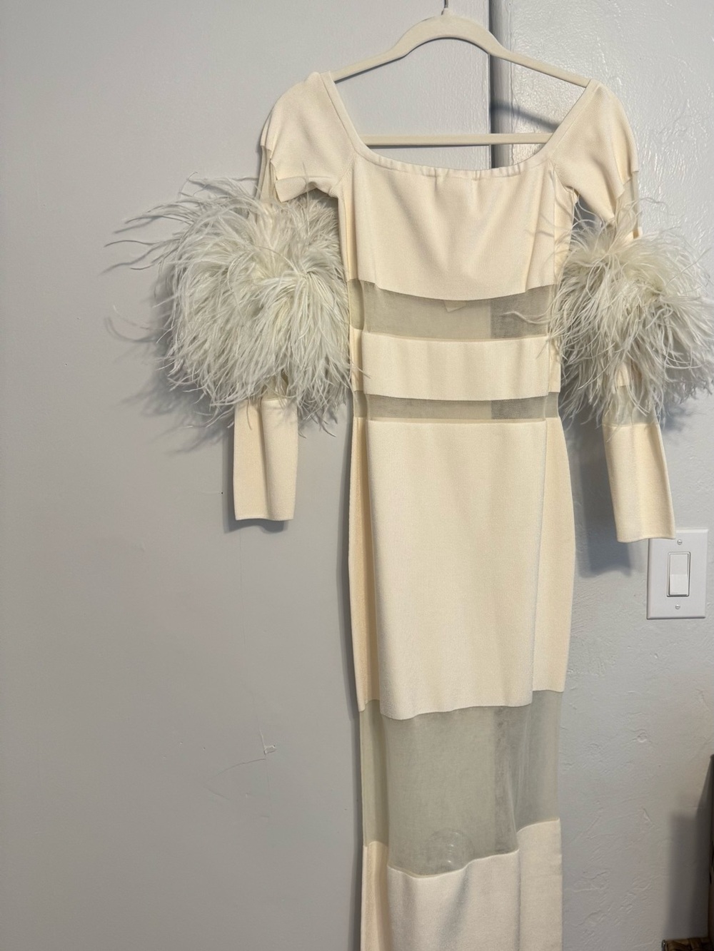 Ivory Long Sleeve Maxi Dress with Feather Cuffs
